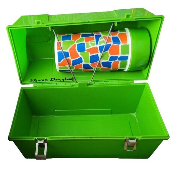 Vintage Aladdin Green Plastic Lunchbox Lunch Pail & Geometric Style Thermos - Picture 2 of 4